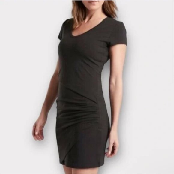 Athleta Nectar Faux Wrap Black Dress w/ Cap Sleeves, Ruching, Surplice Neck, S - Picture 1 of 8